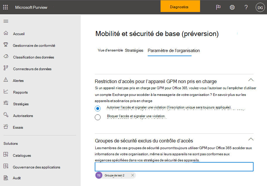 Option d’autorisation d’accès mobilité et sécurité de base.