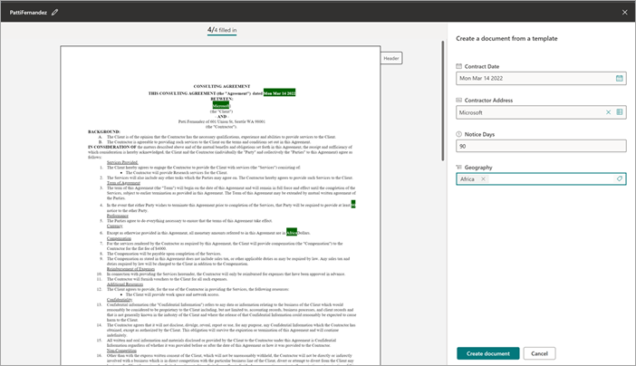 Capture d’écran de la bibliothèque de documents montrant le panneau Créer un document à partir d’un modèle.