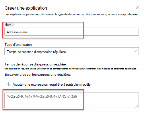 Capture d’écran montrant le panneau Créer une explication avec le modèle d’adresse e-mail appliqué.