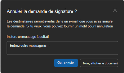 Capture d’écran de l’écran de confirmation Annuler la demande de signature.