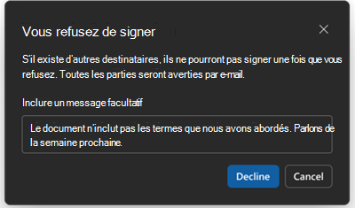 Capture d’écran de la visionneuse de documents montrant l’écran Vous refusez de signer.