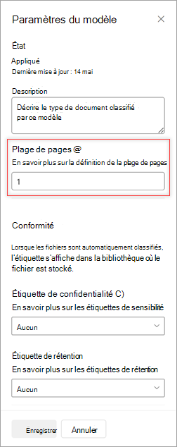 Capture d’écran du panneau Paramètres du modèle montrant l’option Plage de pages.