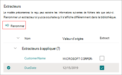 Capture d’écran du panneau Extracteurs montrant comment renommer un extracteur.