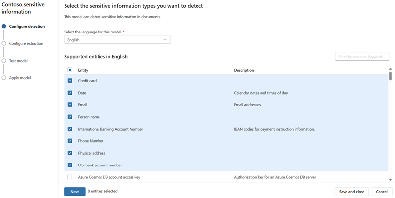 Capture d’écran de la page Configurer la détection.