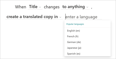 Capture d’écran de la page Créer une règle montrant l’option Entrer une langue.