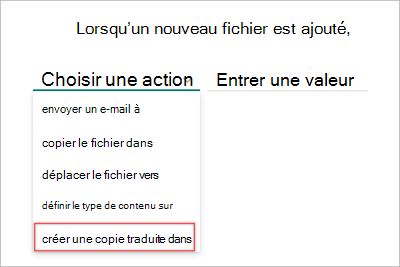 Capture d’écran de la page d’instruction de règle montrant l’option de traduction mise en surbrillance.