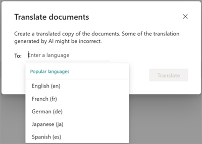 Capture d’écran montrant l’écran Traduire des documents avec les options de langue.