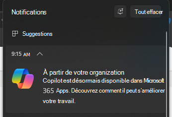 Capture d’écran montrant la fenêtre contextuelle de notification pour Copilot.