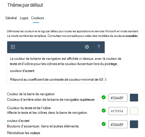 Capture d’écran : onglet Couleurs montrant les couleurs de thème par défaut pour votre organization