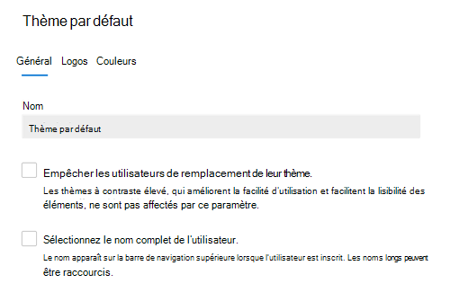 Capture d’écran : onglet Général montrant le thème par défaut de votre organization