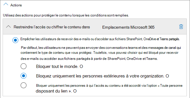 Capture d’écran des options d’action de règle de protection contre la perte de données.