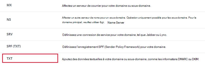 Sélectionnez la section TXT.