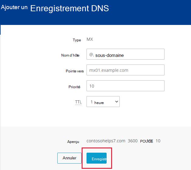 Capture d’écran de l’endroit où vous sélectionnez Enregistrer pour ajouter un enregistrement MX.