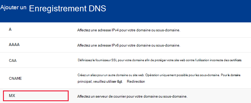 Sélectionnez la section MX.