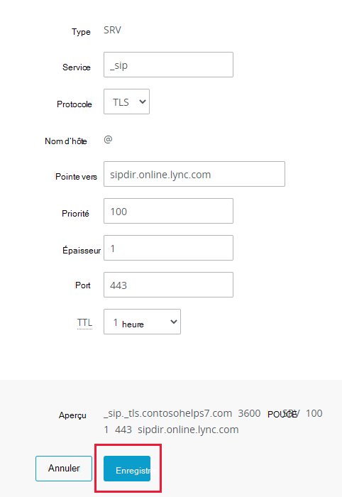 Capture d’écran de l’endroit où vous sélectionnez Enregistrer pour ajouter un enregistrement SRV.