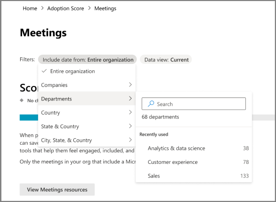 Capture d’écran : Filtres pour les insights au niveau du groupe dans le score d’adoption.