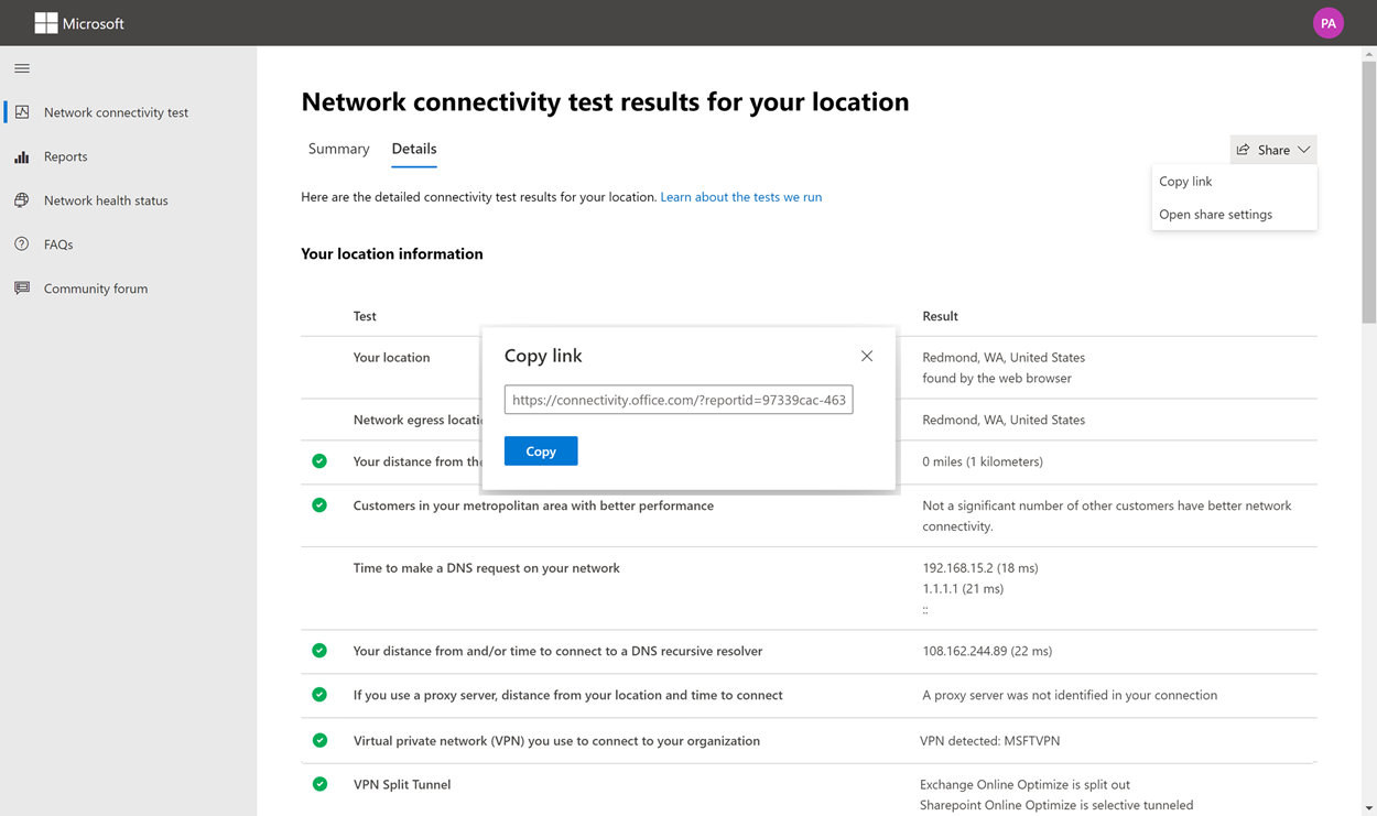 Partage d’un lien vers vos résultats de test.