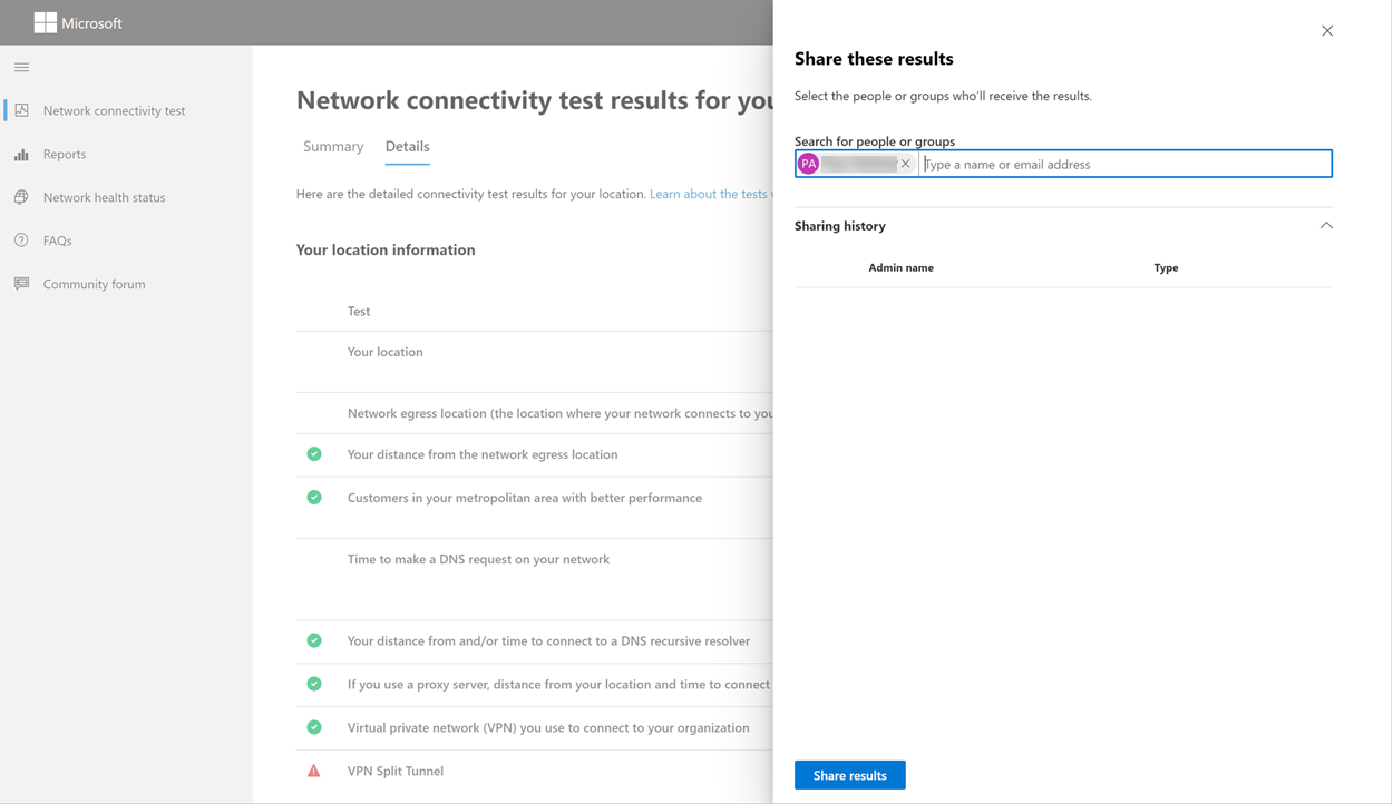 Partage d’un lien vers vos résultats de test avec un utilisateur.