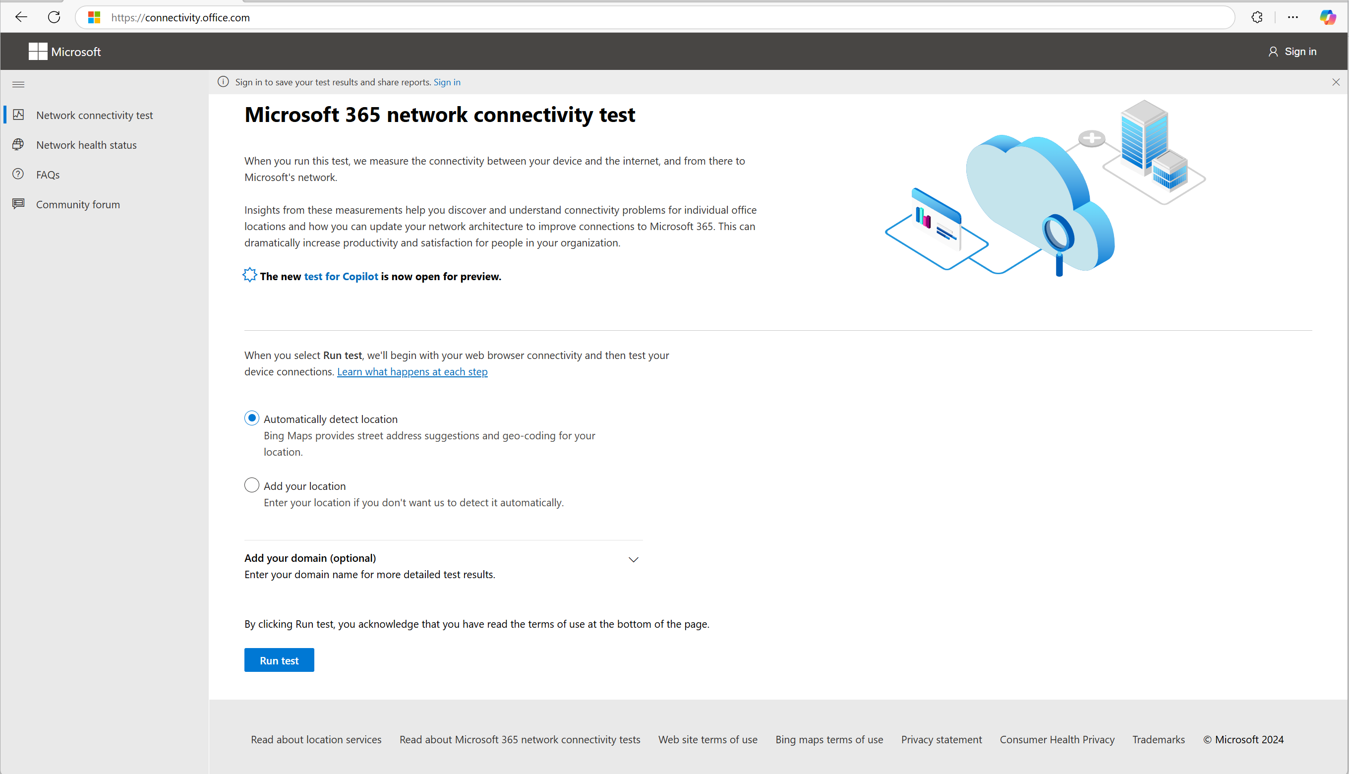 Page d’accueil de l’outil de test de connectivité