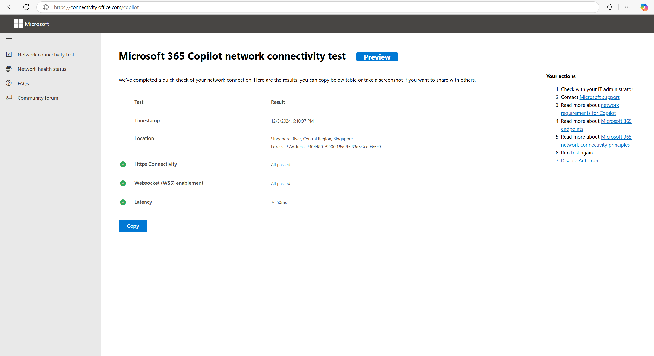 Page de résultats des tests pour Copilot