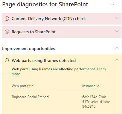 Résultats de l’outil Diagnostics de page.