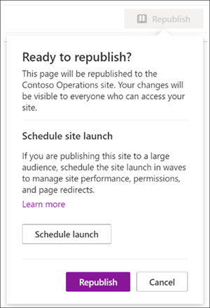 Image de l’invite à utiliser le planificateur de lancement du portail lors de la republiation de la page d’accueil.
