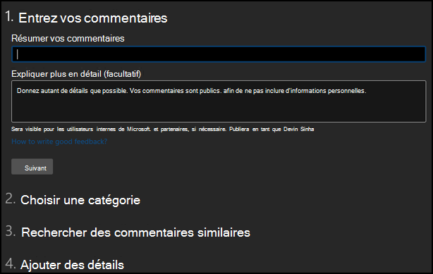 Capture d’écran : Page permettant d’entrer et de résumer vos commentaires