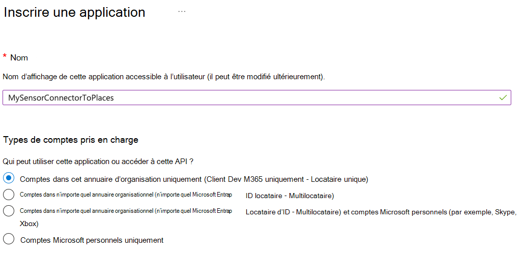 Capture d’écran montrant la boîte de dialogue Inscrire une application asn.