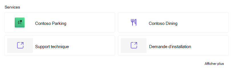 capture d’écran montrant une page des services disponibles, y compris le stationnement, le support technique, la restauration et la demande d’installation.