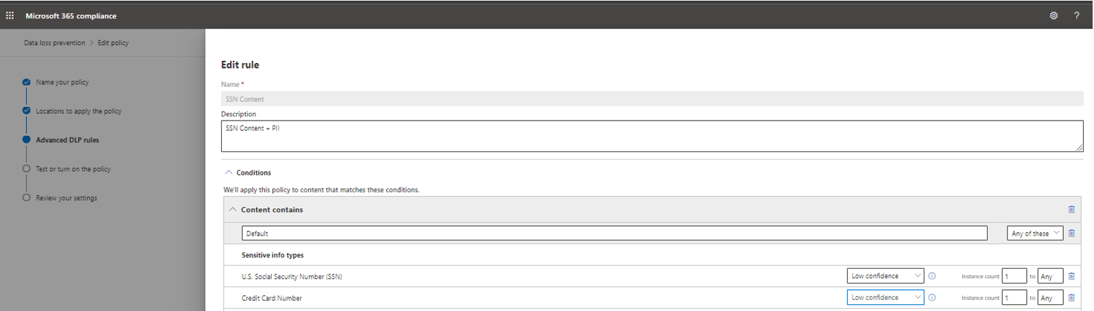 Capture d’écran de la règle de contenu SSN configurée pour que la détection soit basée sur des types d’informations sensibles.