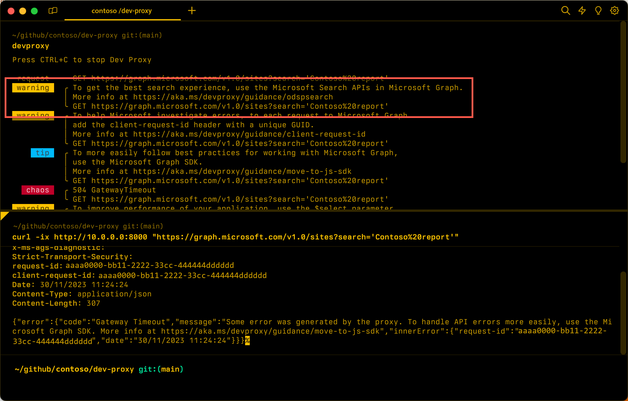 Capture d’écran de l’avertissement du proxy de développement concernant l’utilisation des API de recherche OneDrive et SharePoint.