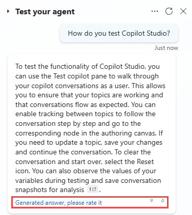 Capture d’écran qui montre une invite agent, demandant à l’utilisateur d’évaluer le agent réponse.