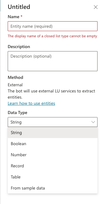 Saisissez le nom, la description et le type de données de votre nouvelle entité.