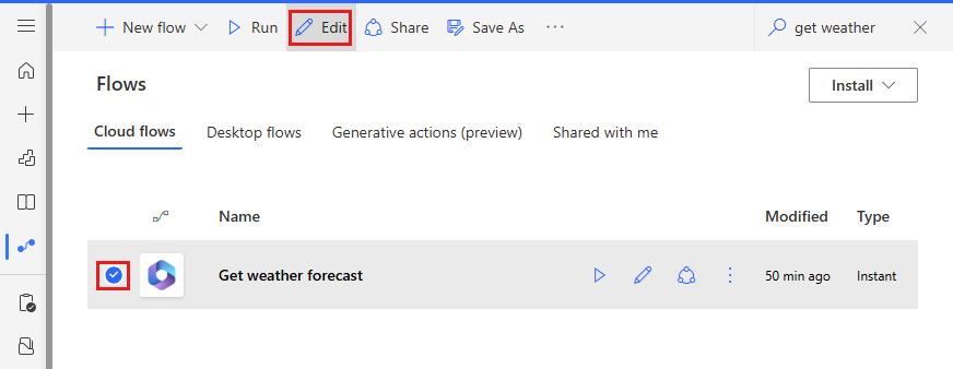 Capture d’écran du flux Obtenir les prévisions météo dans la Solution par défaut.