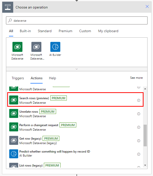 Capture d’écran de l’action Rechercher des lignes du connecteur Dataverse.