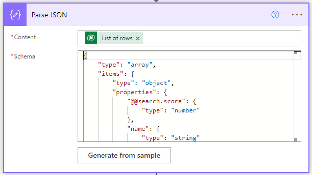 Capture d’écran du schéma JSON entré dans le nœud Analyser JSON.