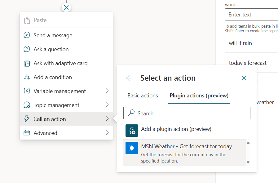 Capture d’écran du menu du nouveau nœud ouvert et de l’action météorologique sélectionnée.