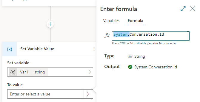 Capture d’écran du volet Entrer une formule avec une expression contenant une variable système.