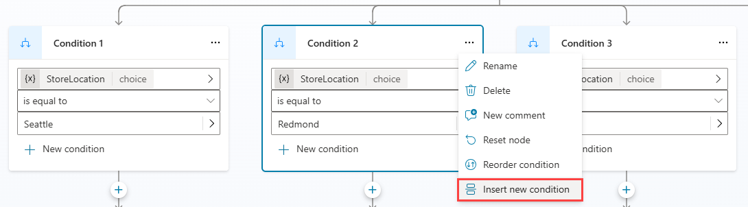 Capture d’écran mettant en évidence l’élément de menu Insérer une nouvelle condition.