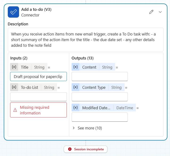 Capture d’écran des détails de l’activité signalant une erreur.