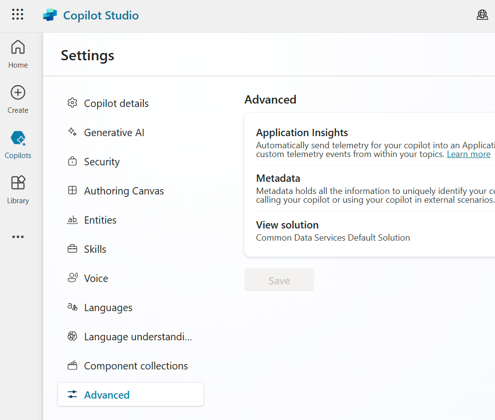 Screenshot of the view solution button in an agent's advanced settings in Copilot Studio.