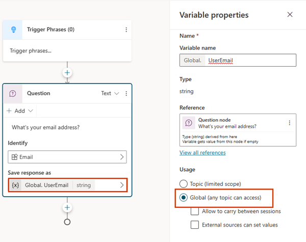 Capture d’écran montrant le volet Propriétés des variables, avec les Paramètres globaux mis en évidence.