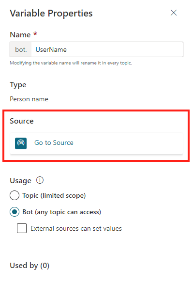 Capture d’écran montrant le volet Propriétés des variables, avec le bouton Accéder à la source mis en évidence