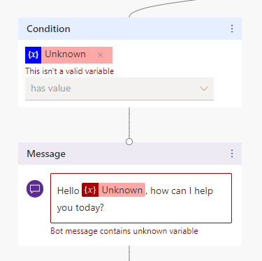 Capture d’écran d’un nœud avec des références à une variable inconnue, marquées en rouge dans le texte du nœud de message, et signalées par un avertissement indiquant que le message de copilote contient une variable inconnue