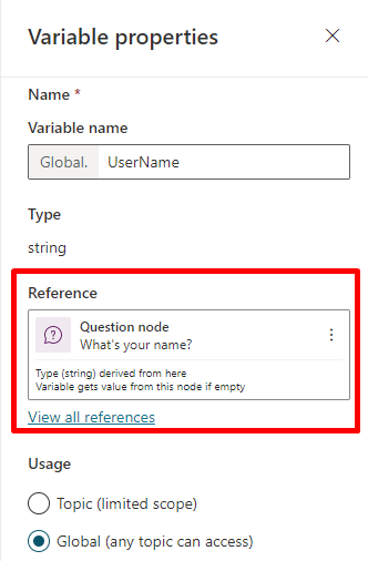 Capture d’écran montrant la liste des sujets utilisés par une variable dans le volet des propriétés des variables.