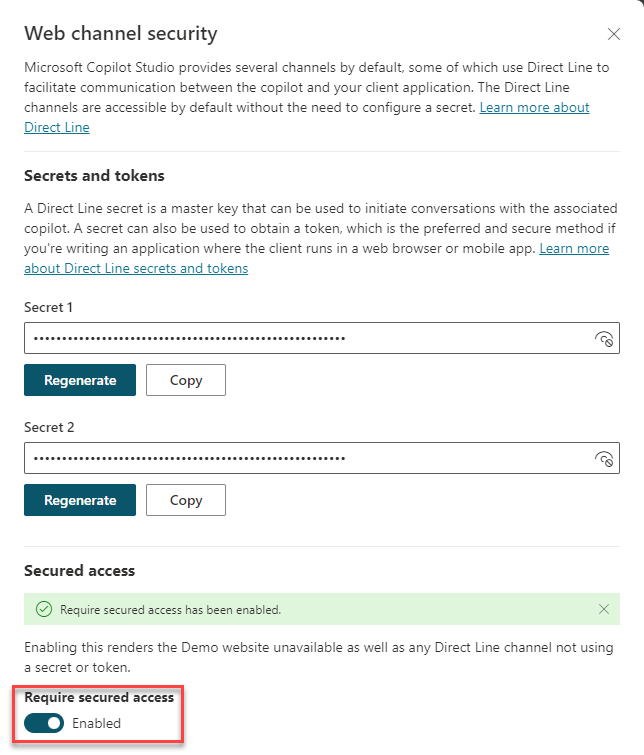 Capture d’écran montrant la page de sécurité du canal Web.