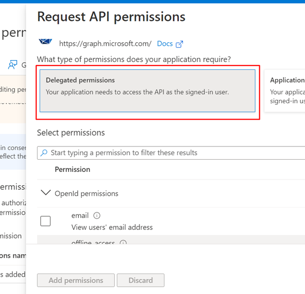 Capture d’écran avec les permissions déléguées en surbrillance.