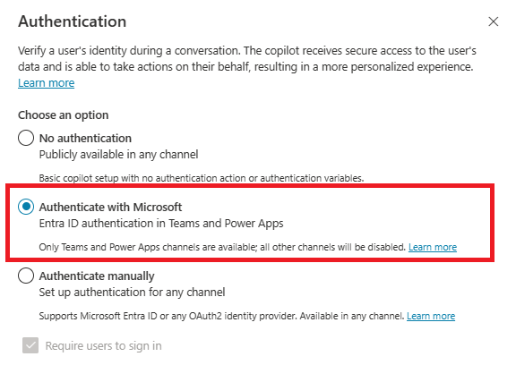 Capture d’écran du panneau de configuration de l’authentification avec l’option « Authentifier avec Microsoft » en surbrillance.