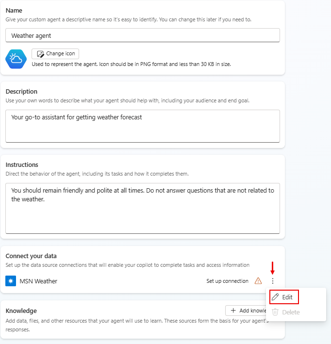 Capture d’écran de la page de création de l’agent, mettant l’accent sur l’option Modifier.