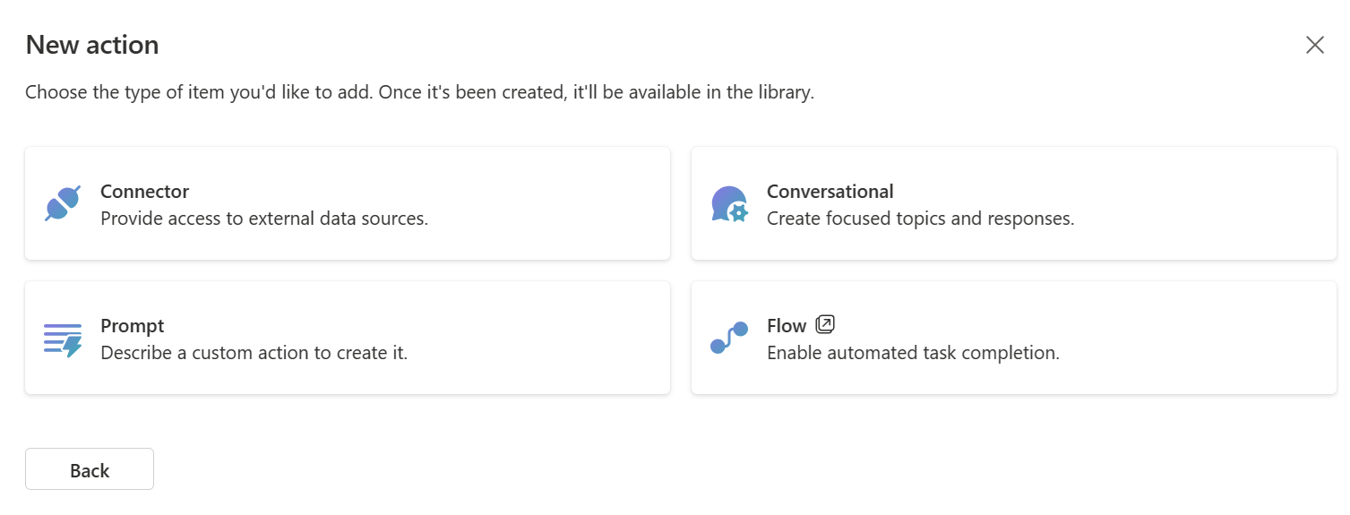 Capture d’écran montrant le choix d’un nouveau type d’action pour Microsoft 365 Copilot